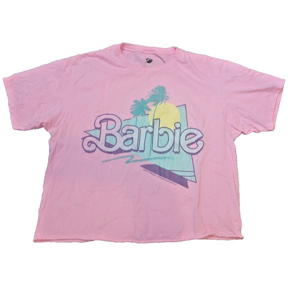 Women's Barbie Crop Top T-Shirt Large Mattel Pink Tropical Barbiecore